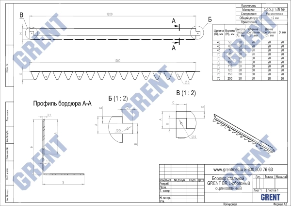Бордюр стальной GRENT BR L-образный 1200*50, 1,5, нержавеющий